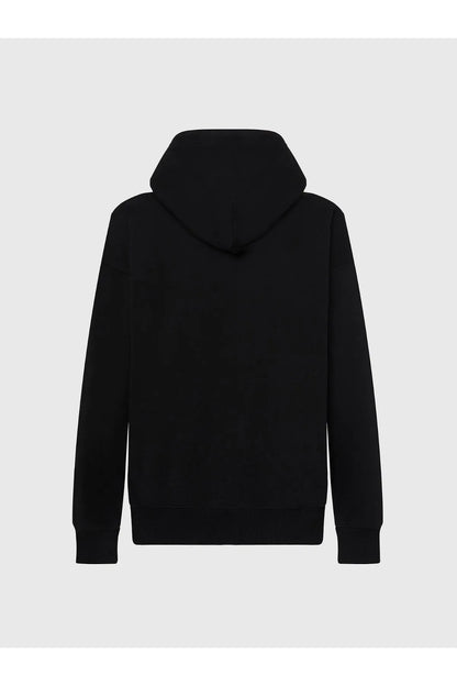 Black pullover hoodie with plain back and drawstring hood
