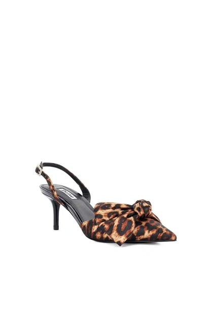 Leopard print slingback high-heel with black straps and knotted bow detail