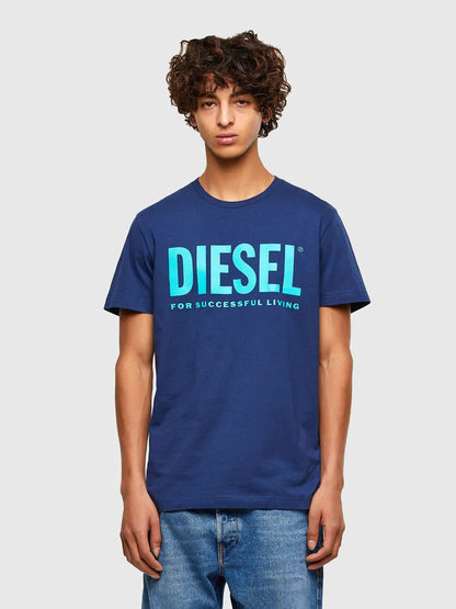 Blue crew-neck T-shirt with turquoise front logo print