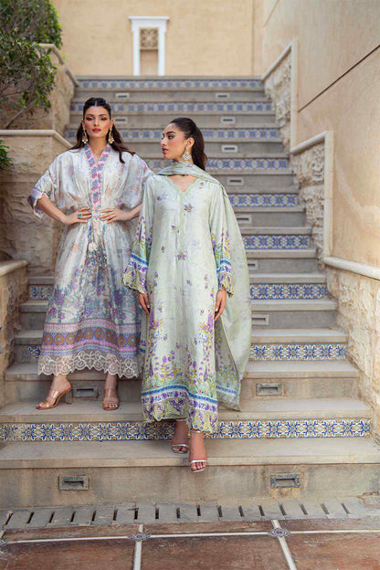 Light sea green printed kurta dress and dupatta, front view with lace-trim hem