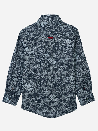 Grey cotton button-up shirt, back view with dark leaf print and long sleeves