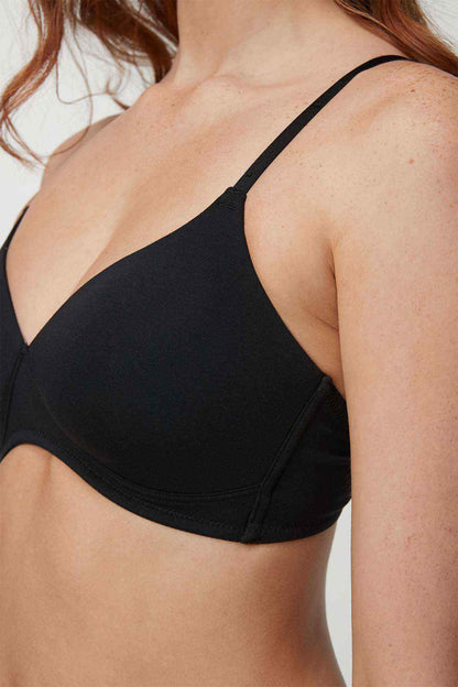 Black T-shirt bra with V-neckline and thin adjustable shoulder straps