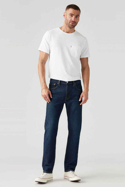 Dark indigo denim jeans, straight leg, five-pocket with belt loops