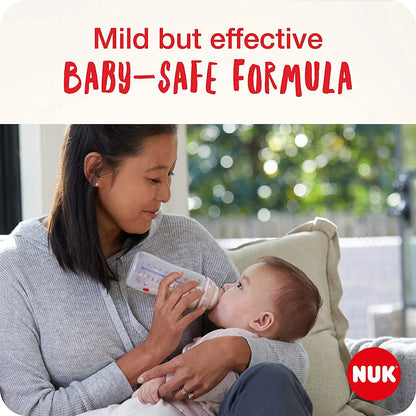 NUK baby bottle cleanser bottle held during feeding with baby