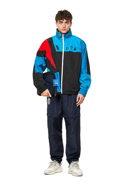 Diesel men's colorblock zip-up jacket, blue with black center and red side stripe