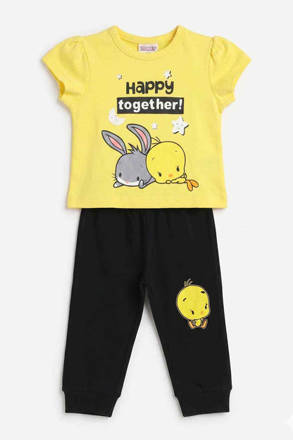 BabyShop yellow bunny graphic T-shirt with black jogger pants set