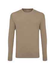 Taupe brown long-sleeve crewneck knit top with ribbed collar and cuffs