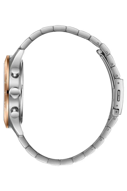Silver steel watch case side with rose-gold accent bezel and linked metal bracelet