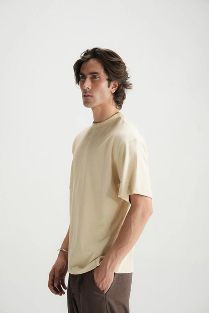 Beige crew-neck T-shirt with short sleeves, side view