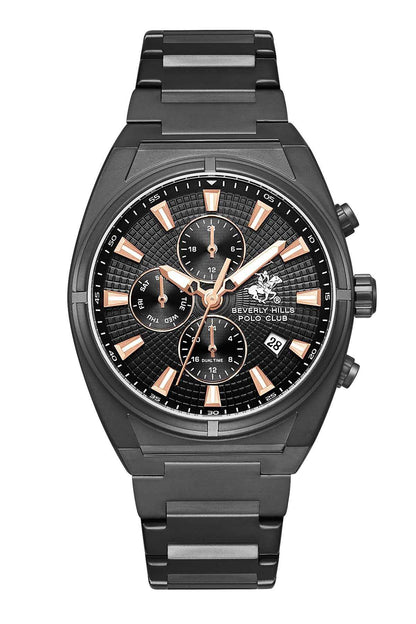 BHPC black analog chronograph wristwatch with black link bracelet, rose-gold hands