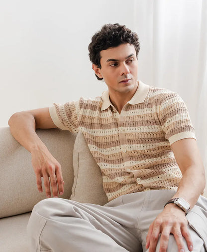 Fitted short-sleeve knit button-up shirt, cream with tan stripe texture