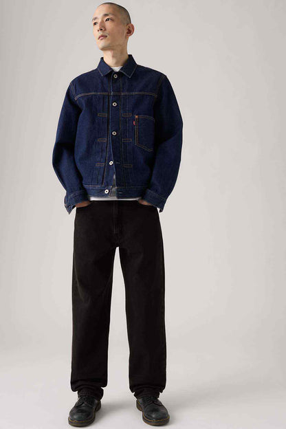 Black jeans with straight legs and relaxed fit