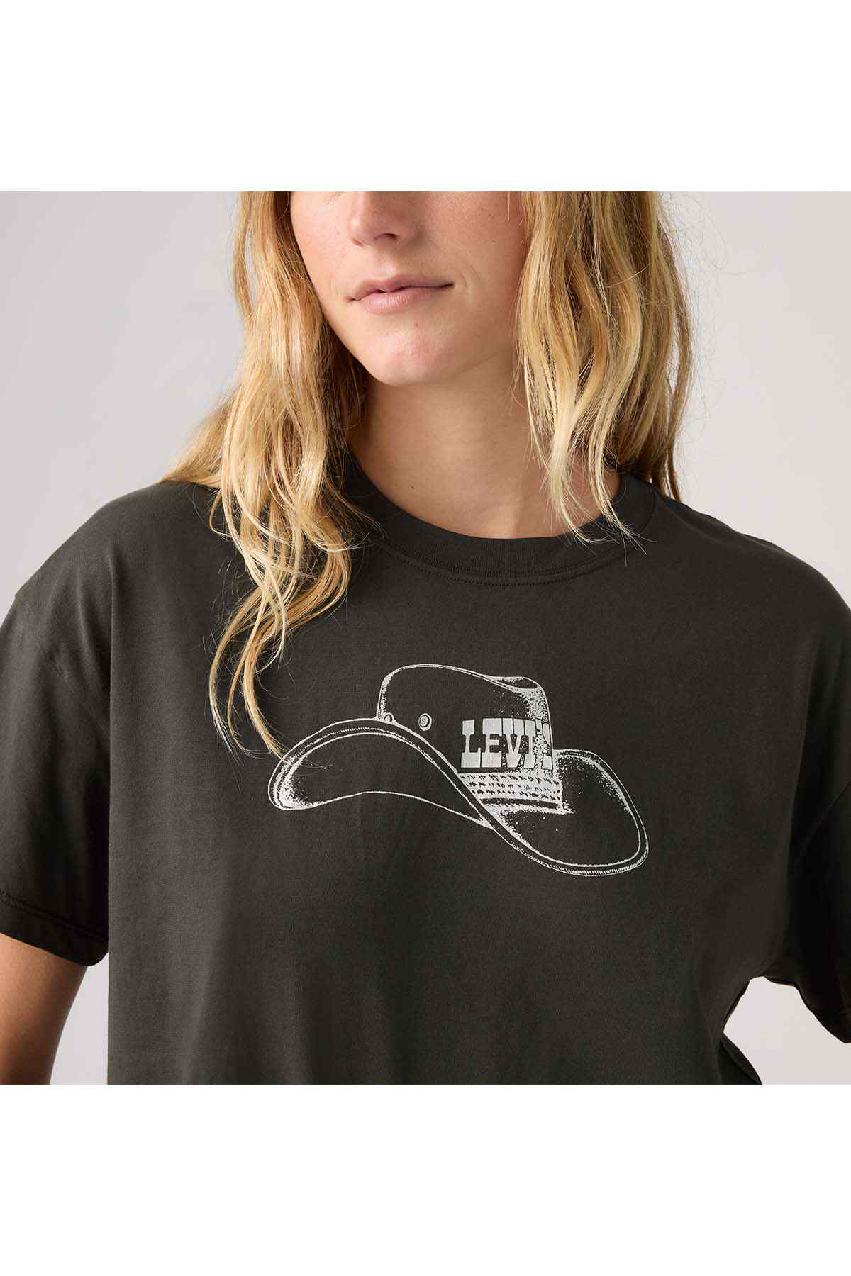 Black crewneck T-shirt with large white outline face graphic