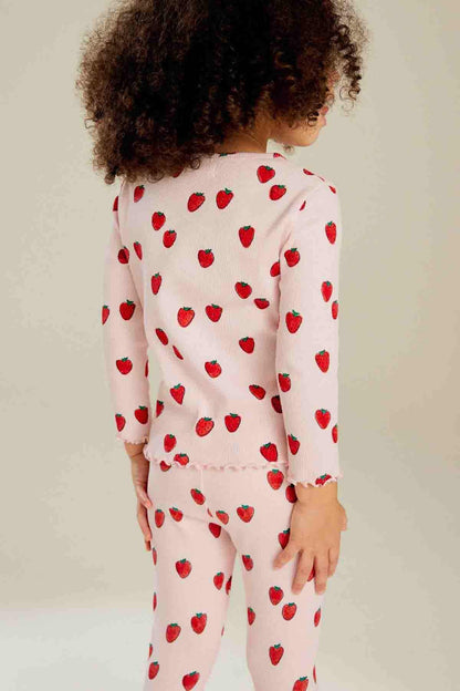 Kids' strawberry print pajama set, back view with long sleeves and pants