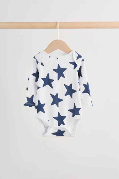 White baby long-sleeve bodysuit with navy star print