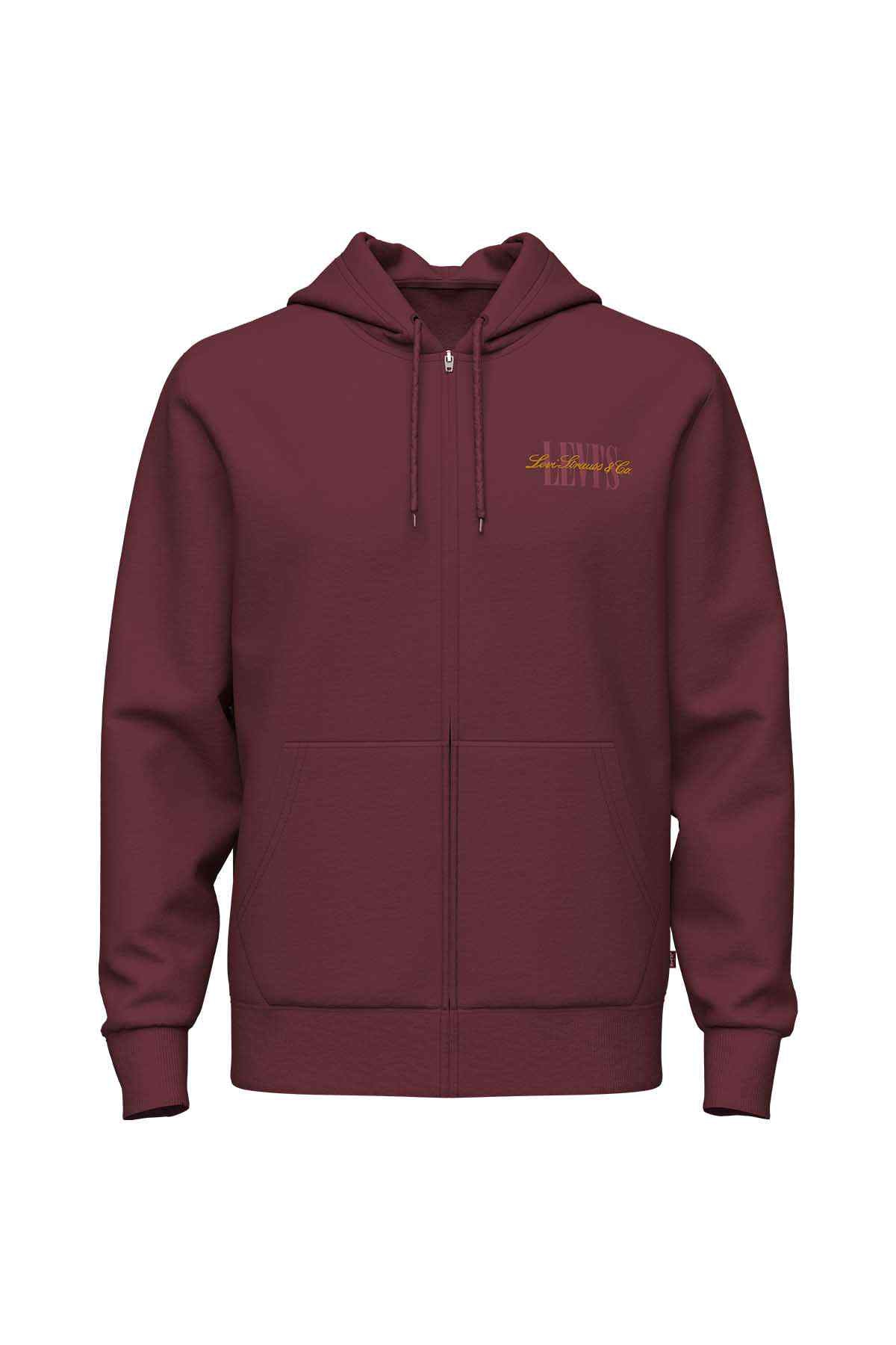 Levi's burgundy zip-up hoodie with hood, drawstrings, and front pouch pocket