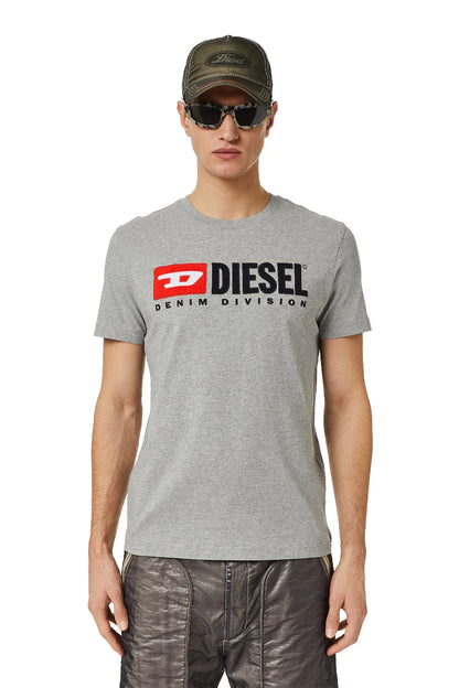 Men's grey crew-neck T-shirt with front Diesel logo and red square emblem