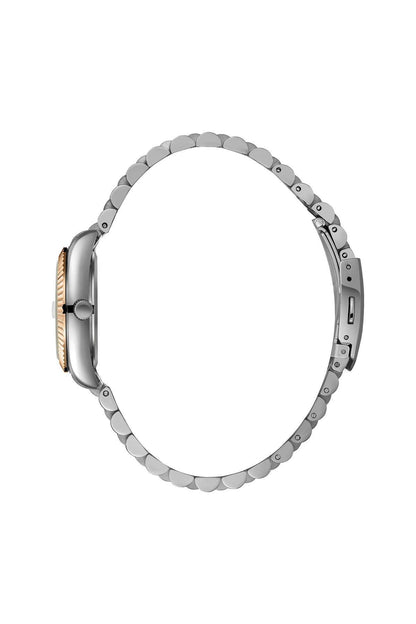 Two-tone wristwatch back view with steel/gold bracelet and smooth round case