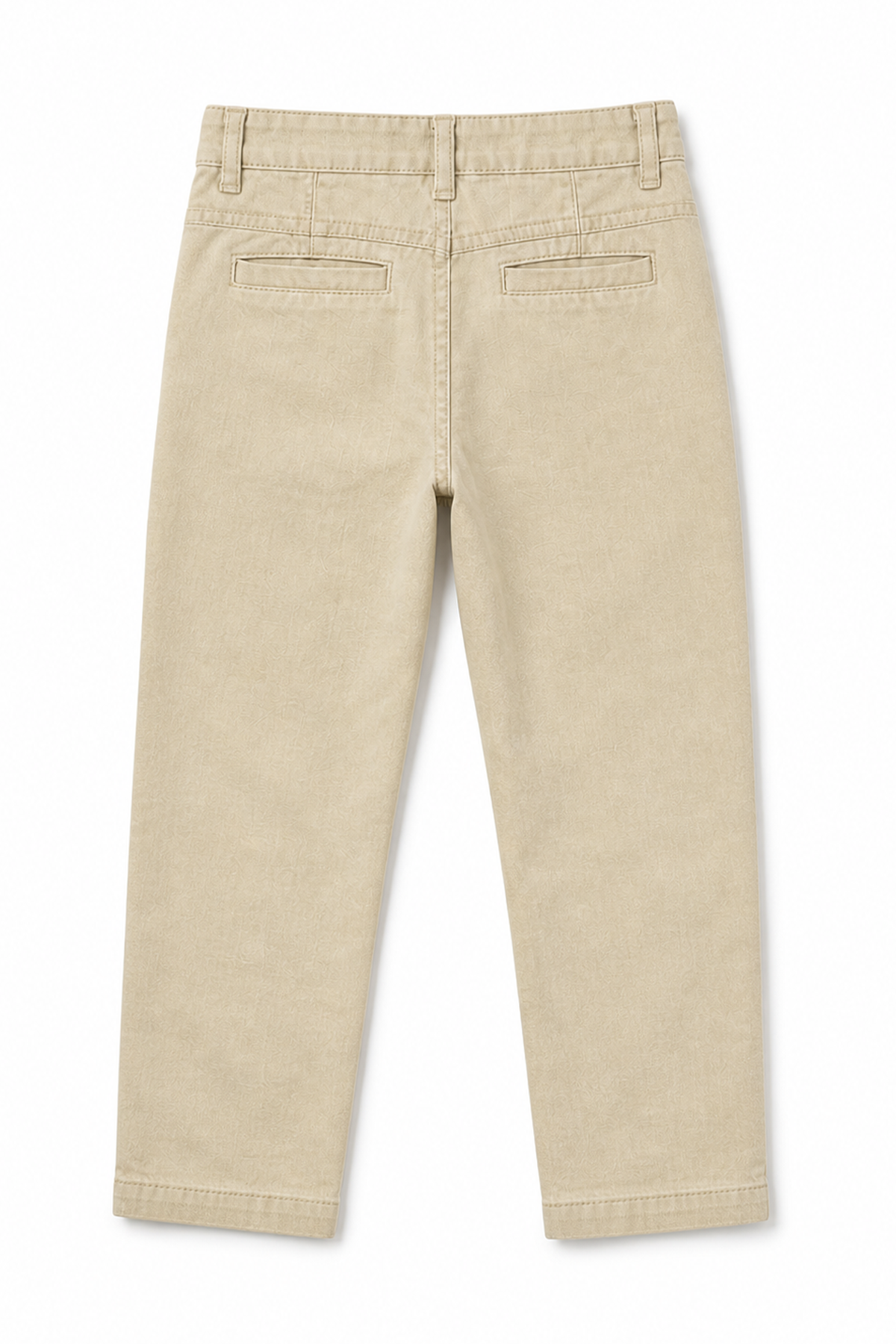 Beige cotton trousers back view with two patch pockets and button fly