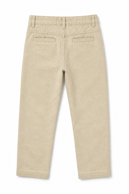 Beige cotton trousers back view with two patch pockets and button fly