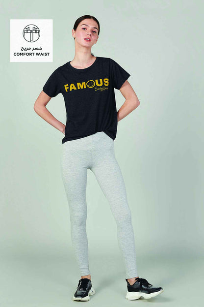 Heather grey slim leggings with stretch waistband and full-length tapered legs