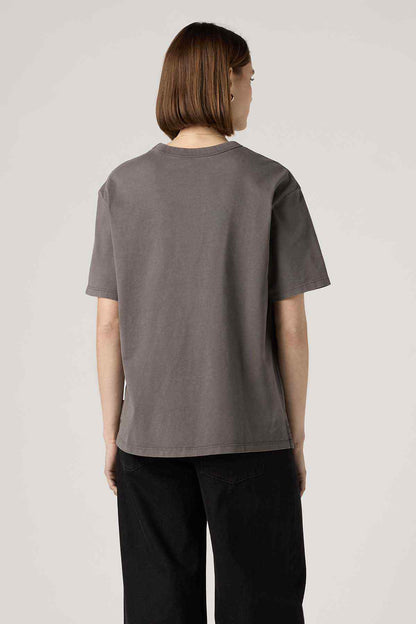 Women's dark gray graphic T-shirt, back view