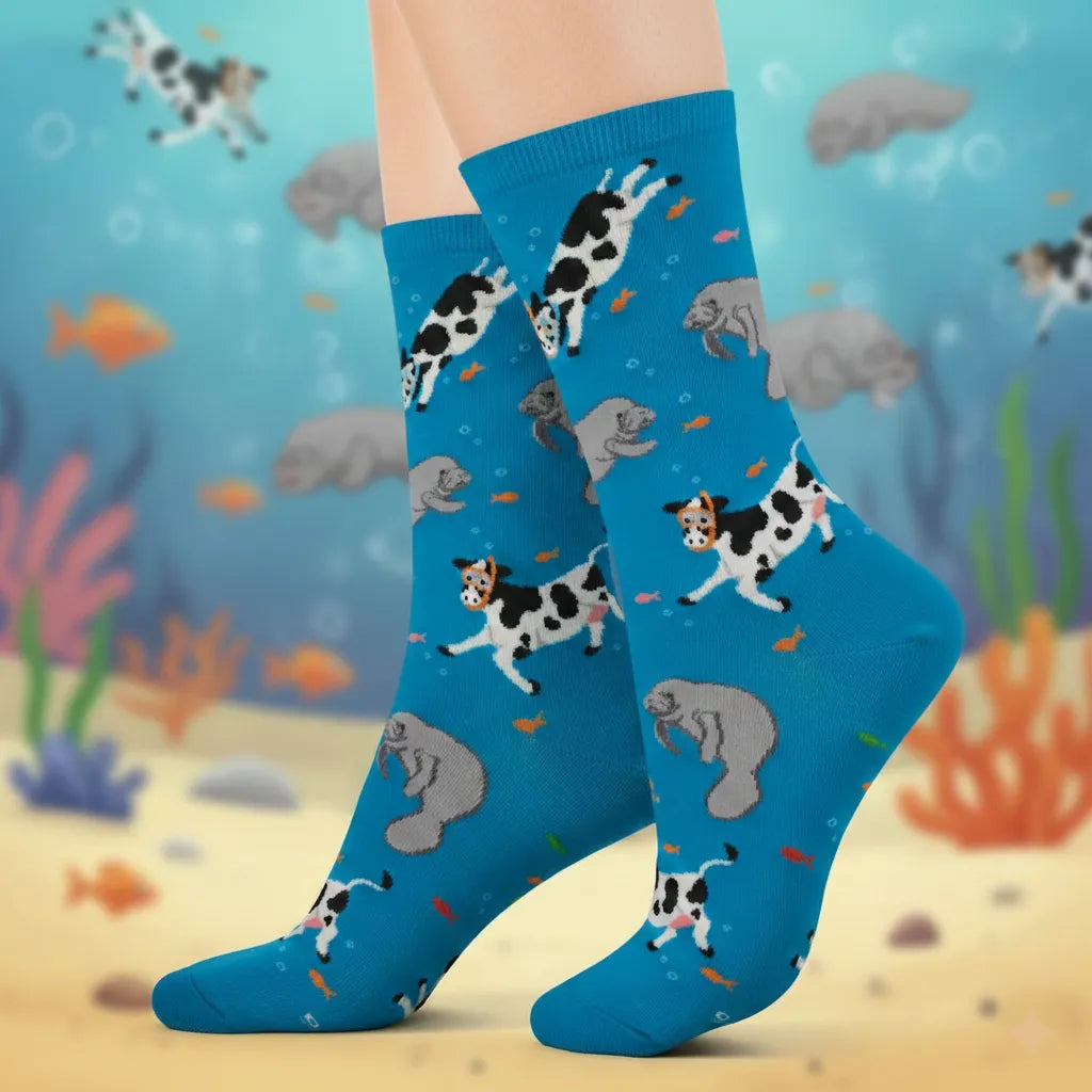 Blue crew socks with playful animal print—dogs and gray elephants