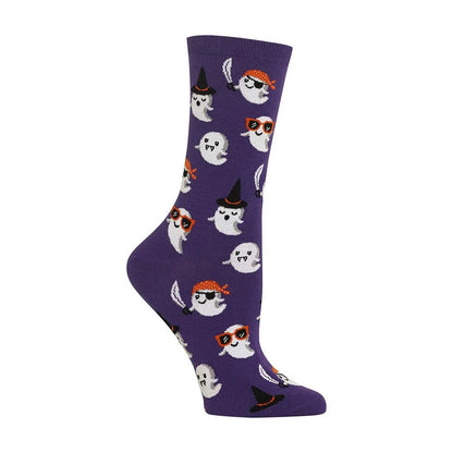 Purple crew socks with repeating cartoon ghost, witch, and cat faces