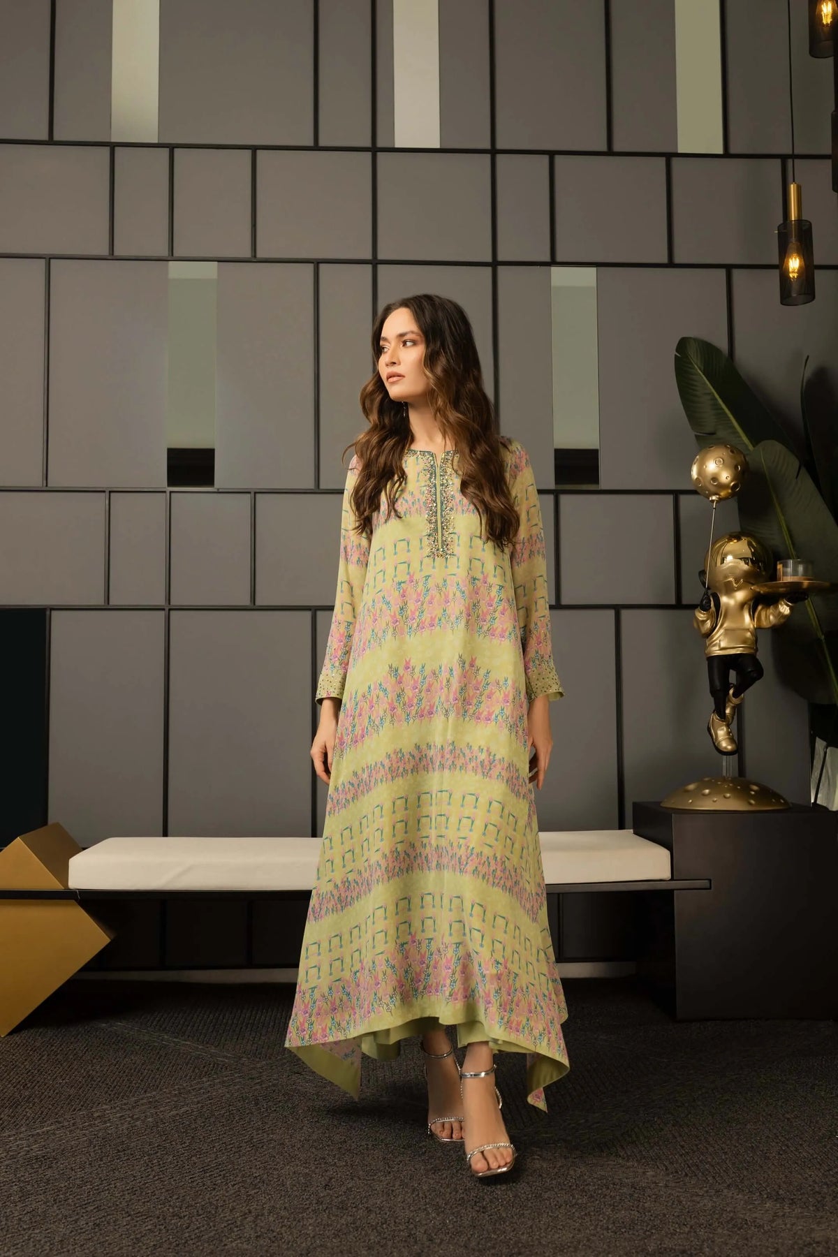 Pistachio printed maxi dress, full-length with tiered hem and long sleeves