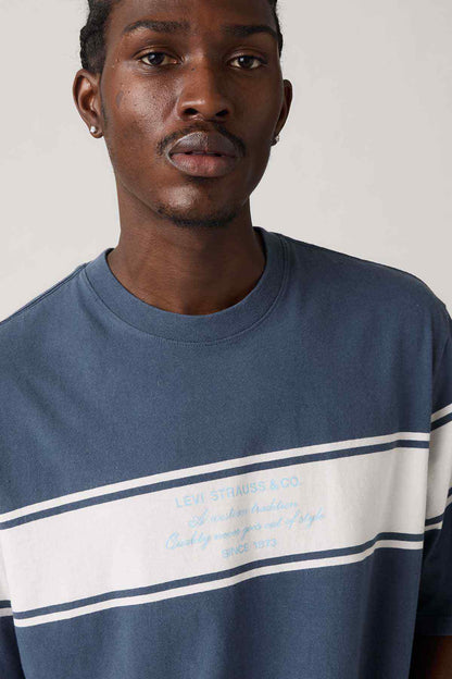 Levi's crewneck T-shirt detail, blue and white stripe with printed logo text