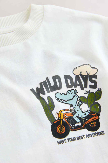 White kids T-shirt with Wild Days dinosaur riding motorcycle graphic on chest