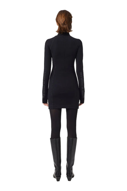Black back view turtleneck mini dress with long sleeves and seam panel