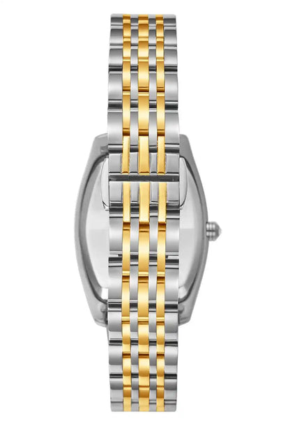 Gold-and-silver metal wristwatch side view, green dial with Roman numerals