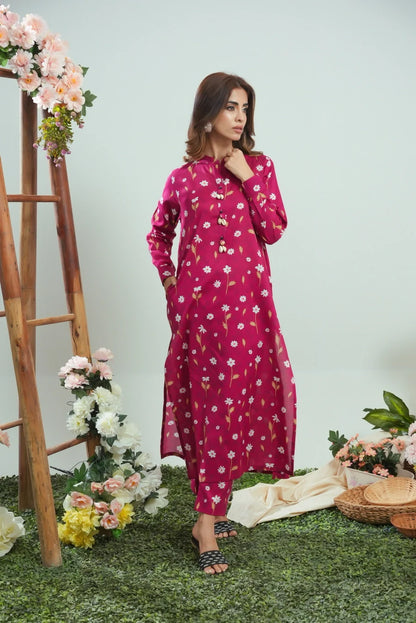 Womenâ€™s magenta floral kurta dress with long sleeves and straight neckline