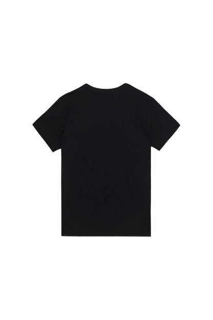 Plain black crew-neck T-shirt, short sleeves