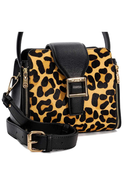 Leopard print mini handbag with black buckle flap, front zip, adjustable crossbody strap
