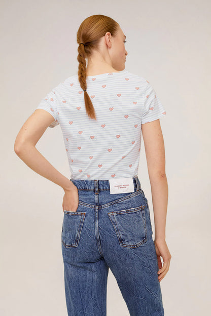 MANGO heart-print short-sleeve T-shirt, crew neck, back view with red hearts pattern