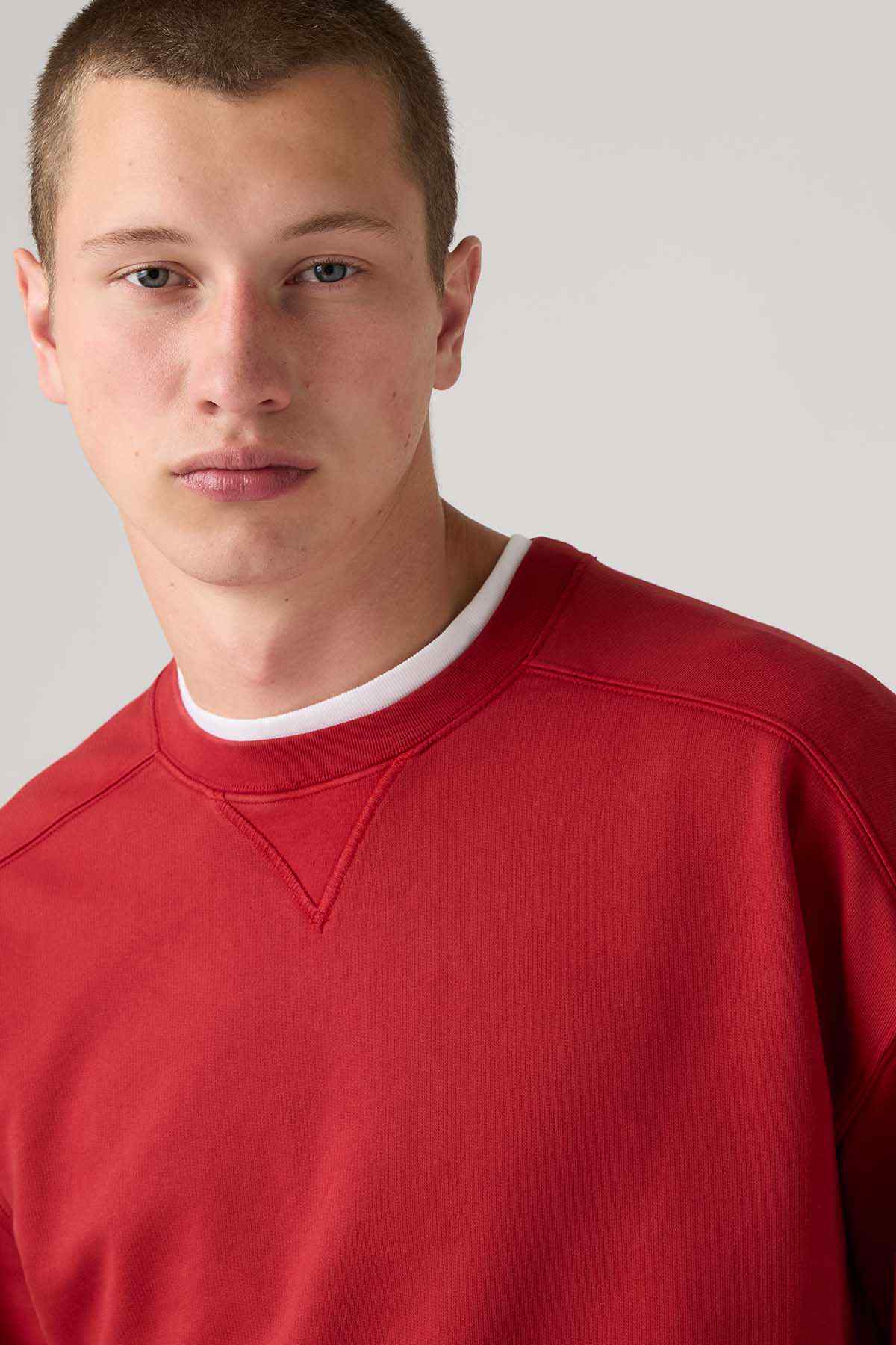 Levi's red crewneck sweatshirt close-up of neckline with white ribbed trim