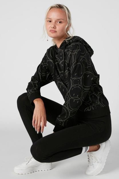 Black patterned pullover hoodie with drawstring hood, long sleeves, kangaroo pocket