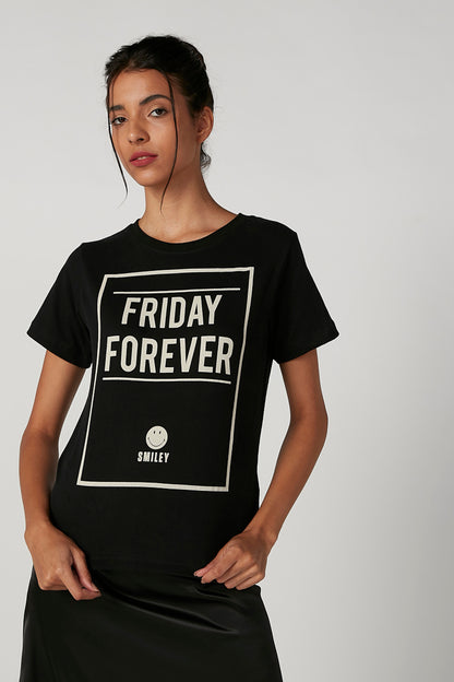 Black crewneck T-shirt with FRIDAY FOREVER square graphic front