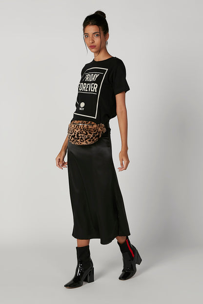 Black crewneck T-shirt with small FRIDAY FOREVER graphic on chest