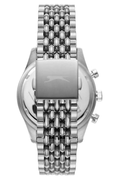 Silver wristwatch front view with metal bracelet, visible case and side crown