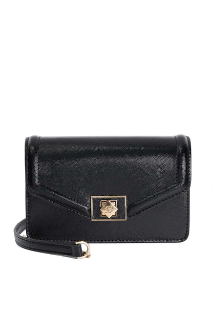 Black crossbody bag with front flap and gold-tone logo clasp, detachable strap