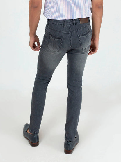 Brumano men's grey denim jeans, back view with belt loops and pocket stitching