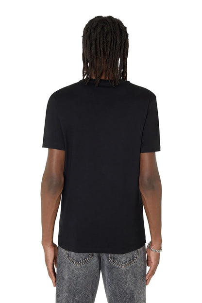 Black crewneck T-shirt with short sleeves, back view