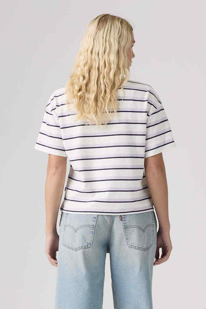 Levi's striped polo shirt back view in white with navy horizontal stripes, short sleeves