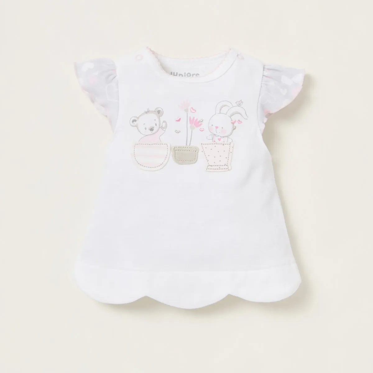 Baby white short-sleeve T-shirt with animal graphic and small icon print