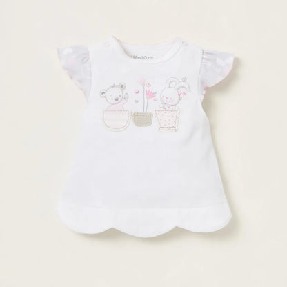Baby white short-sleeve T-shirt with animal graphic and small icon print