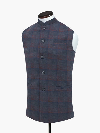Dark plaid sleeveless vest with stand collar and button-front