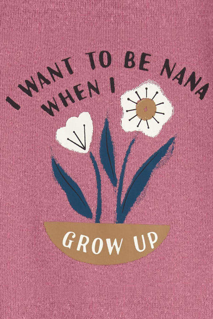 Carter's pink bodysuit close-up: flower and I want to be Nanna Grow Up print